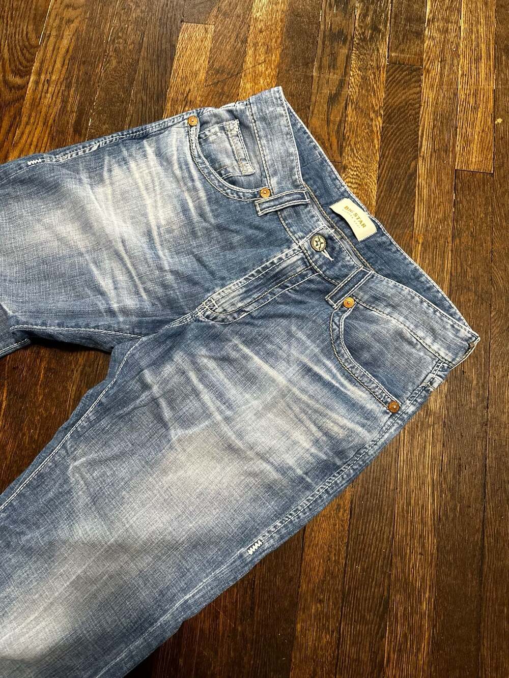 Big Star Pioneer Distressed Blue Denim Straight Leg Jeans 34x34 (34L)